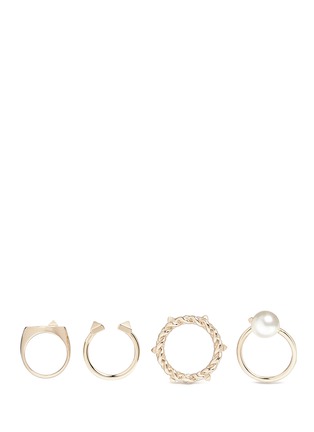 Figure View - Click To Enlarge - VALENTINO GARAVANI - 'Rockstud' glass pearl four ring set