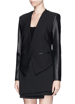 Front View - Click To Enlarge - HELMUT LANG - Leather sleeve cropped back tuxedo jacket