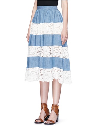 Front View - Click To Enlarge - ALICE & OLIVIA - 'Romy' lace insert denim flare skirt