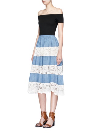 Figure View - Click To Enlarge - ALICE & OLIVIA - 'Romy' lace insert denim flare skirt