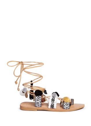 Main View - Click To Enlarge - MABU BY MARIA BK - 'Freya' fringed embroidered pompom lace-up leather sandals