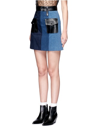 Front View - Click To Enlarge - JINNNN - Snake effect leather patchwork denim skirt