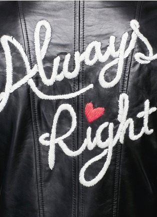 Detail View - Click To Enlarge - ALICE & OLIVIA - 'Gamma' slogan embroidered leather biker jacket