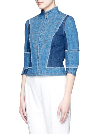 Front View - Click To Enlarge - ALEXANDER MCQUEEN - Frayed colourblock cropped denim band jacket