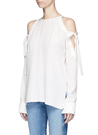 Front View - Click To Enlarge - TIBI - Ribbon tie cold shoulder silk blouse