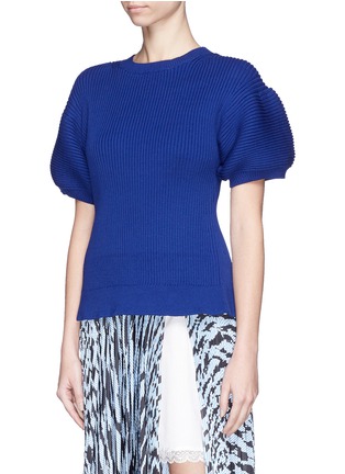 Front View - Click To Enlarge - SACAI LUCK - Lace underlay puff sleeve rib knit sweater