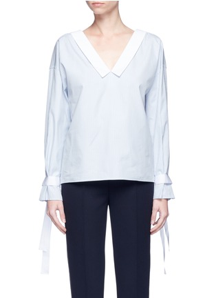 Main View - Click To Enlarge - COMME MOI - Ribbon tie open back stripe cotton top