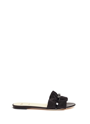Main View - Click To Enlarge - ALEXANDER WHITE - 'Eloisa' patent leather bow ruffle suede slide sandals