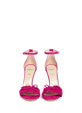 Front View - Click To Enlarge - ALEXANDER WHITE - 'Eva' bow tie ruffle front suede sandals