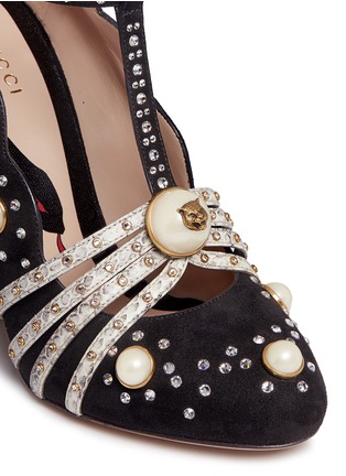 Detail View - Click To Enlarge - GUCCI - Crystal glass pearl stud T-strap suede pumps