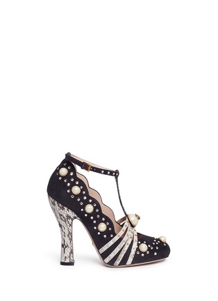 Main View - Click To Enlarge - GUCCI - Crystal glass pearl stud T-strap suede pumps