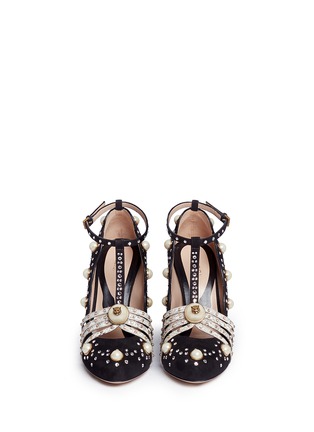 Figure View - Click To Enlarge - GUCCI - Crystal glass pearl stud T-strap suede pumps