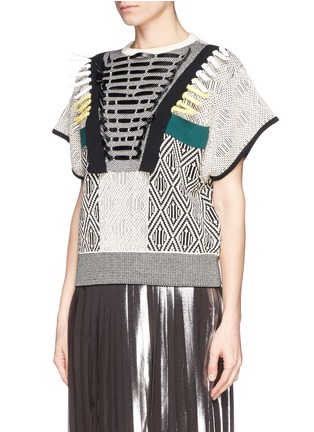 Front View - Click To Enlarge - TOGA ARCHIVES - Faux leather ribbon jacquard knit top