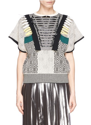 Main View - Click To Enlarge - TOGA ARCHIVES - Faux leather ribbon jacquard knit top