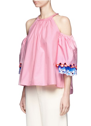 Front View - Click To Enlarge - PETER PILOTTO - Embroidered trim poplin cold shoulder top