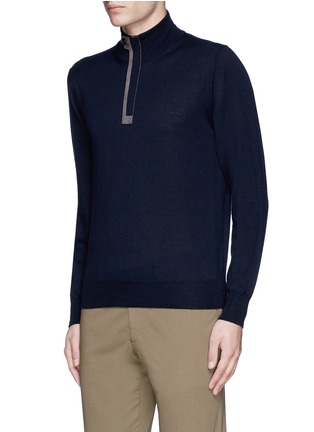 Front View - Click To Enlarge - CANALI - Suede trim half zip wool sweater