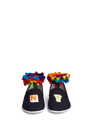 Front View - Click To Enlarge - JOSHUA SANDERS - 'NY' embroidered pompom ankle tie slip-ons