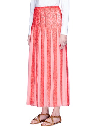 Front View - Click To Enlarge - VALENTINO GARAVANI - Pleated georgette godet floral lace maxi skirt