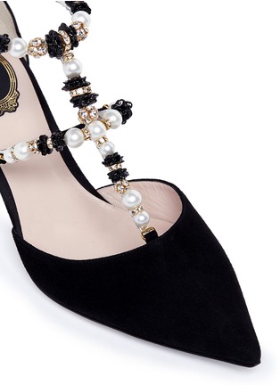 Detail View - Click To Enlarge - RENÉ CAOVILLA - Floral bead pearl T-strap leather pumps