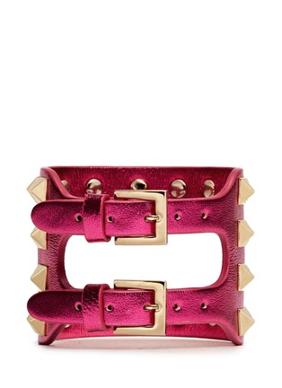 Back View - Click To Enlarge - VALENTINO GARAVANI - 'Rockstud' cutout metallic leather bracelet
