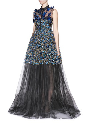 Figure View - Click To Enlarge - DELPOZO - Holographic floral embroidery tulle gown