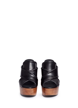 Front View - Click To Enlarge - SAINT LAURENT - Wooden heel cross vamp leather platform clogs