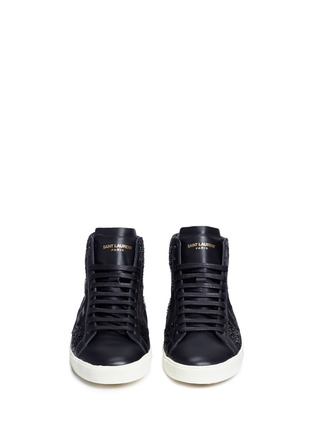 Front View - Click To Enlarge - SAINT LAURENT - 'SL/06 Love' patch leather and suede sneakers