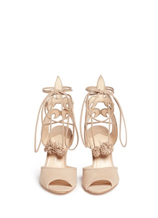 Front View - Click To Enlarge - ISA TAPIA - 'Alba' nappa trim pompom wraparound suede sandals