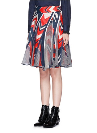 Front View - Click To Enlarge - SACAI - Chiffon panel geometric print cotton blend skirt