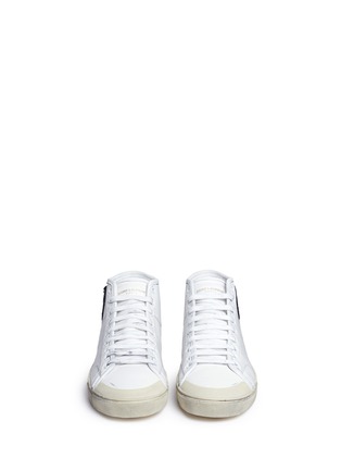 Front View - Click To Enlarge - SAINT LAURENT - Metallic patch distressed mid top leather sneakers