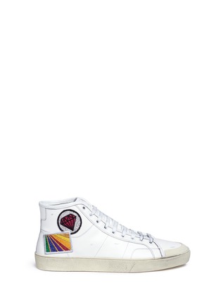 Main View - Click To Enlarge - SAINT LAURENT - Metallic patch distressed mid top leather sneakers