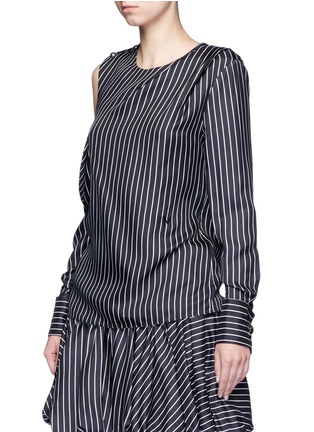 Front View - Click To Enlarge - MONSE - Asymmetric cold shoulder pinstripe silk shirt