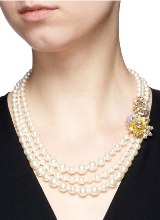 Figure View - Click To Enlarge - MIRIAM HASKELL - Crystal floral clasp three strand glass pearl necklace