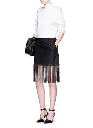 Figure View - Click To Enlarge - ALEXANDER WANG - Leather fringe hem high waist twill mini skirt