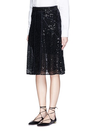 Front View - Click To Enlarge - VICTORIA BECKHAM - Sequin appliqué panelled mesh skirt