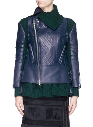 Main View - Click To Enlarge - SACAI - Cable knit panel leather biker jacket