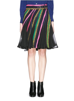Main View - Click To Enlarge - SACAI - Chiffon insert tweed stripe belted flare skirt