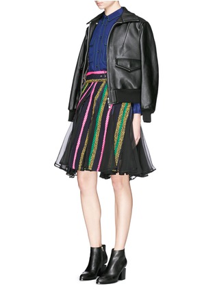 Figure View - Click To Enlarge - SACAI - Chiffon insert tweed stripe belted flare skirt