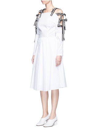Front View - Click To Enlarge - HELEN LEE - Stripe ribbon tie sleeve cold shoulder dress