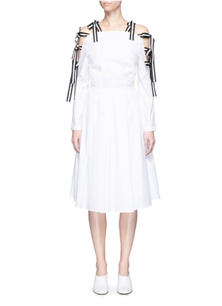 Main View - Click To Enlarge - HELEN LEE - Stripe ribbon tie sleeve cold shoulder dress