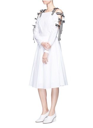 Figure View - Click To Enlarge - HELEN LEE - Stripe ribbon tie sleeve cold shoulder dress