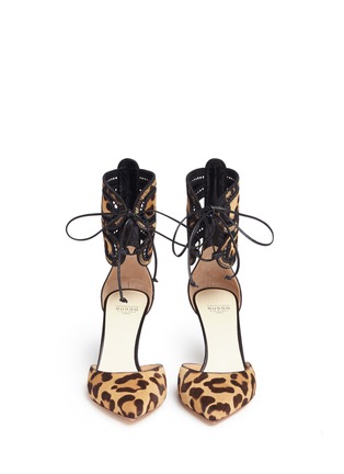 Front View - Click To Enlarge - FRANCESCO RUSSO - Leopard print calfhair ankle tie pumps