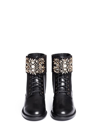Front View - Click To Enlarge - RENÉ CAOVILLA - 'Biker' crystal embellished suede cuff leather boots
