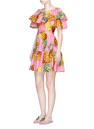 Figure View - Click To Enlarge - - - Pineapple print ruffle off-shoulder poplin dress