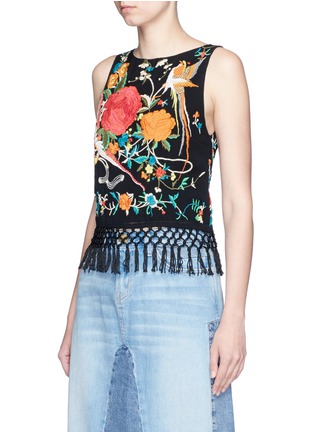 Front View - Click To Enlarge - ALICE & OLIVIA - 'Clarice' floral embroidery fringe chiffon top