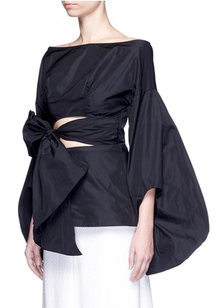 Front View - Click To Enlarge - 72722 - Fig sleeve cutout tie front taffeta top