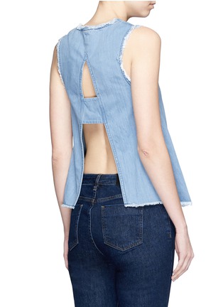 Back View - Click To Enlarge - 72723 - Cutout back frayed flare denim top