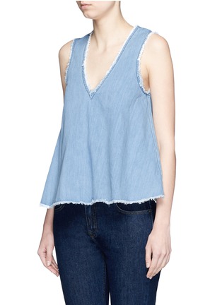 Front View - Click To Enlarge - 72723 - Cutout back frayed flare denim top