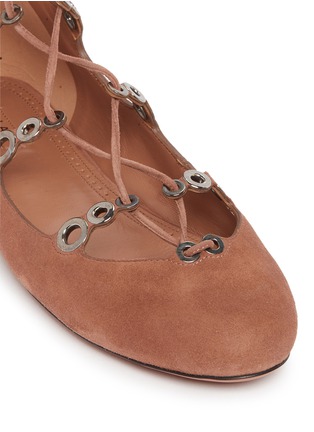 Detail View - Click To Enlarge - ALAÏA - Graduating eyelet suede lace-up ghillie flats