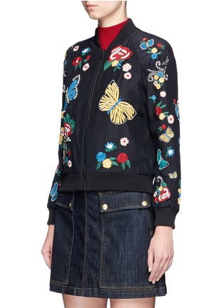 Front View - Click To Enlarge - ALICE & OLIVIA - 'Felisa' floral and butterfly embroidered silk bomber jacket